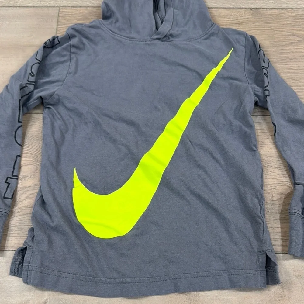 Nike Gray Tshirt Hoodie with Neon Yellow Logo Swoosh Youth Boys